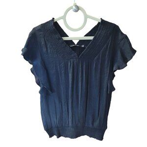 Doe & Rae Smocked V-Neck & Waist Flutter Sleeve Top Black Size Small